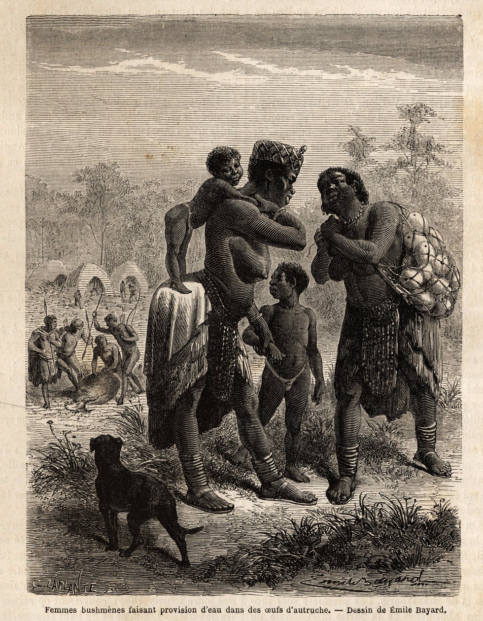 Buschmänner sammeln Wasser in Straußeneiern, begleitet von ihren Kindern; im Hintergrund das Dorf und Männer, die eine Antilope schlachten. Gravur zur Illustration von Dr. Livingstone