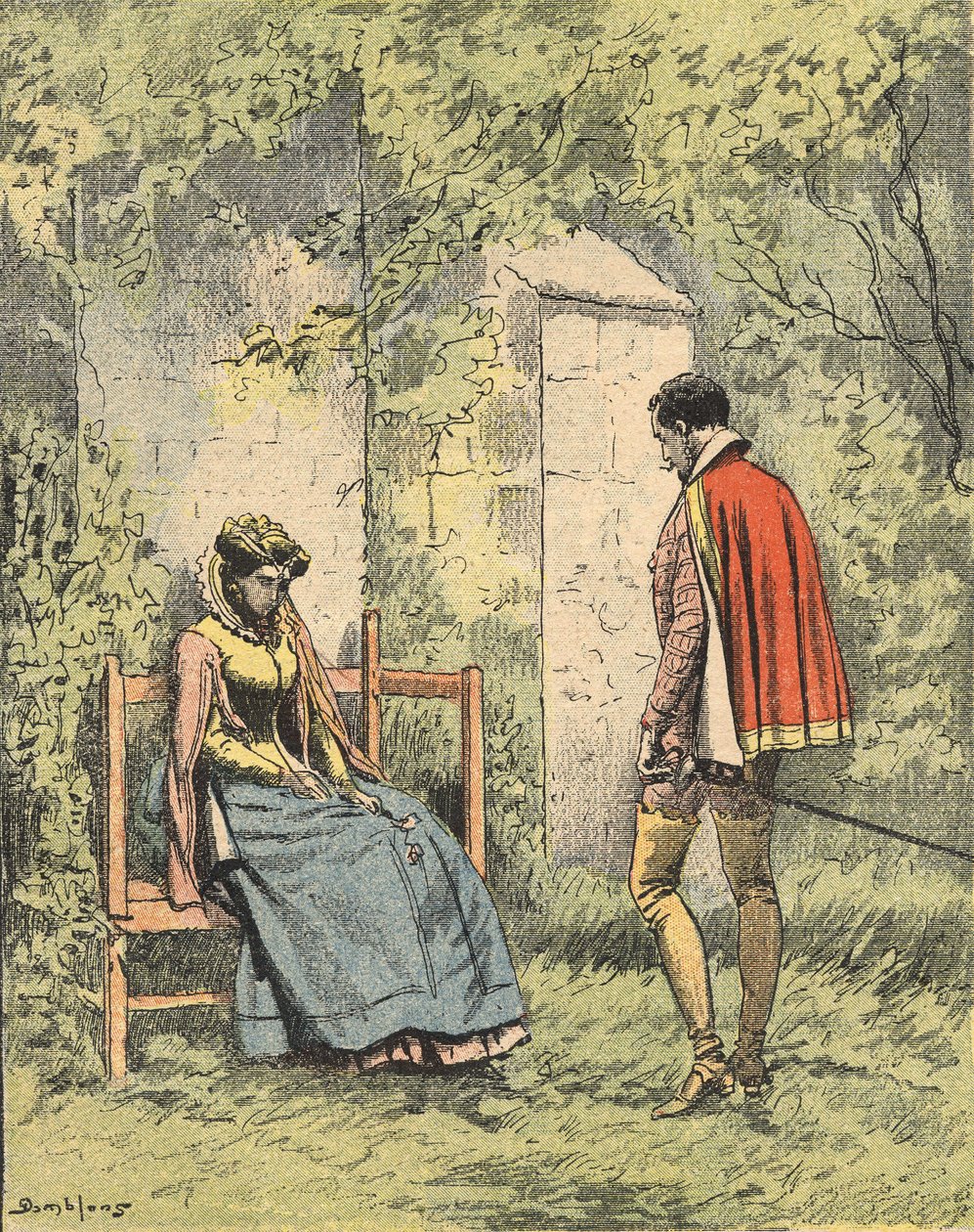 Bussy und Diane, bekannt als Madame de Monsoreau, im Garten vor der Kirche. Illustration des Romans „La Dame de Monsoreau“ von Alexandre Dumas im „Journal des romans populaires illustrés“ von Unknown artist