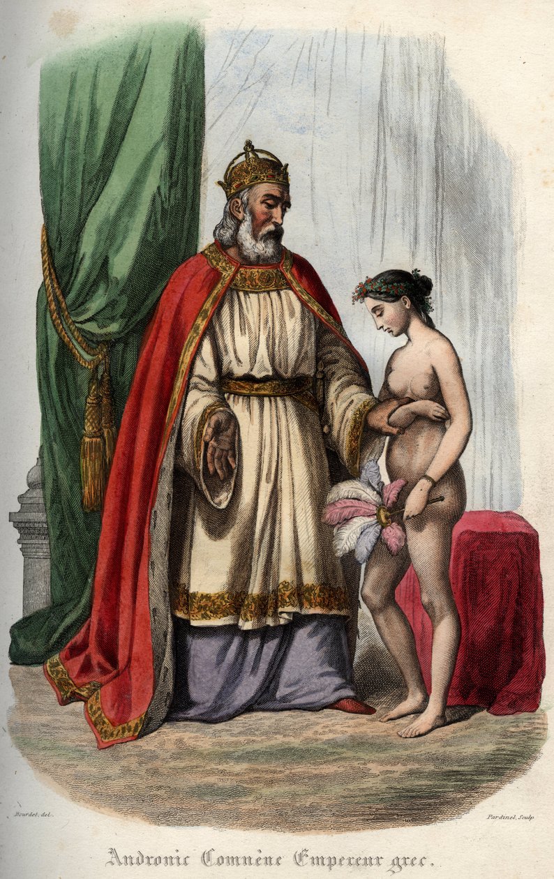 Byzantinischer Kaiser Andronikos I. Komnenos (oder Andronicus I. Comnenus) (ca. 1118-1185) und seine Frau Agnes von Frankreich (1171-1240), die gezwungen ist, nackt für seine Orgie zu erscheinen. Gravur von 1842 in „Histoire des popes“ von Maurice Lachatre von Unknown artist
