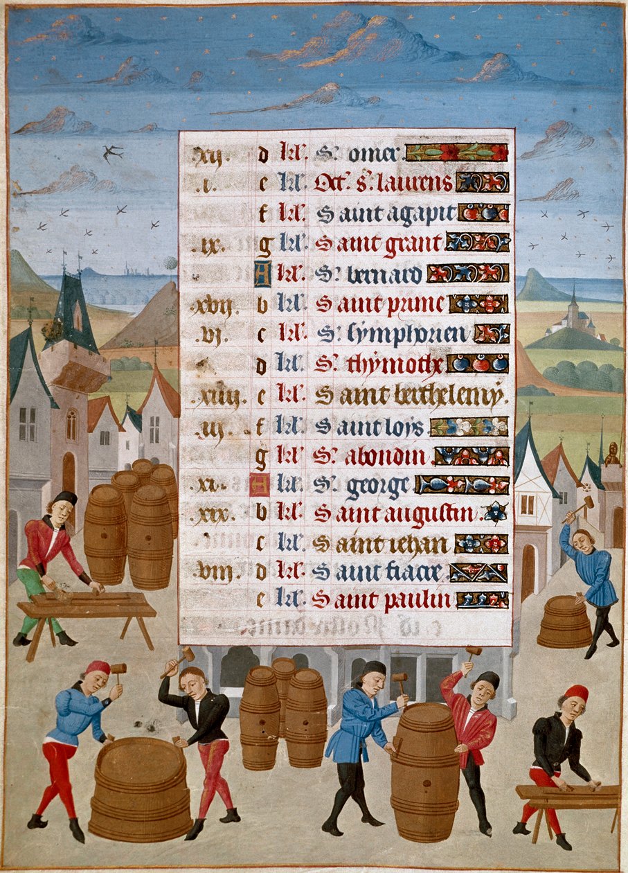Kalender: August - Herstellung von Weinfässern - Miniatur von Meister Jean de Rolin (15. Jahrhundert) aus „Die Stunden von Adelaide von Savoyen, Herzogin von Burgund“ von Unknown artist