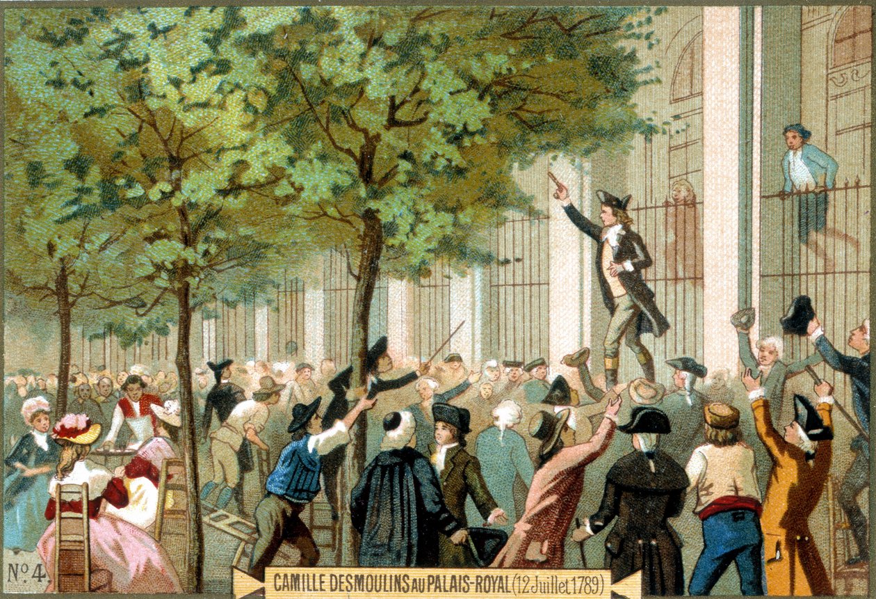 Camille Desmoulins im Palais Royal (12.07.1789). Chromolithographie 19. Jahrhundert - Französische Revolution/Camille Desmoulins ruft zum Sturm auf die Bastille, Paris von Unknown artist