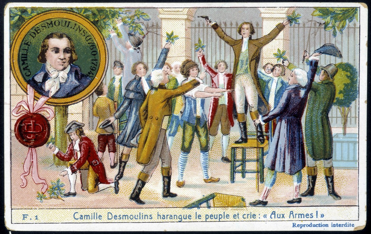 Camille Desmoulins rief dem Volk zu: „Zu den Waffen!“ - Chromolithographie, Ende des 19. Jahrhunderts von Unknown artist