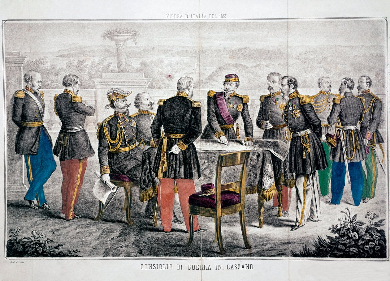 Italienfeldzug 1859: Kriegsrat von Cassano, der das Treffen von Vittorio Emanuele II. und Kaiser Napoleon III. sieht von Unknown artist