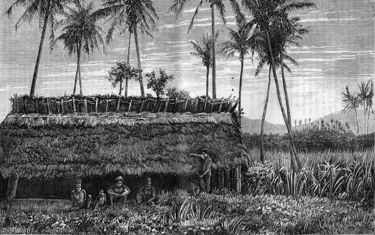 Canaques von Neukaledonien vor einer Hütte oder einem Versammlungshaus. Gravur in „La Nature“ von Unknown artist