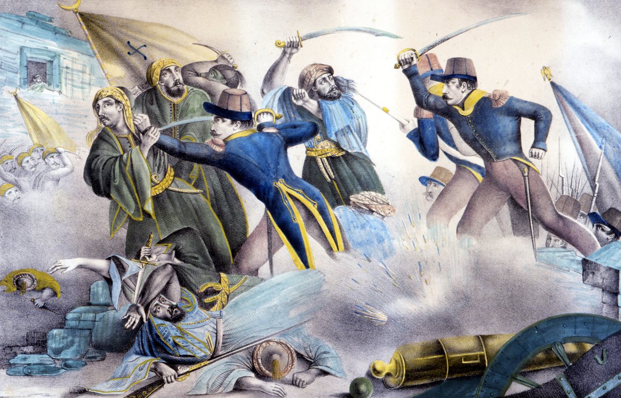 Eroberung von Konstantin in Algerien im Jahr 1837 durch Marschall Valée. Farblithografie aus dem 19. Jahrhundert. von Unknown artist