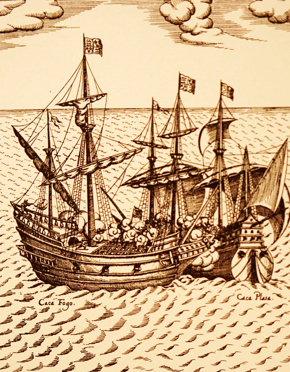 Eroberung der spanischen Galeone Cagafuego durch die Golden Hind unter der Führung von Francis Drake im März 1579 (Gravur) von Unknown artist