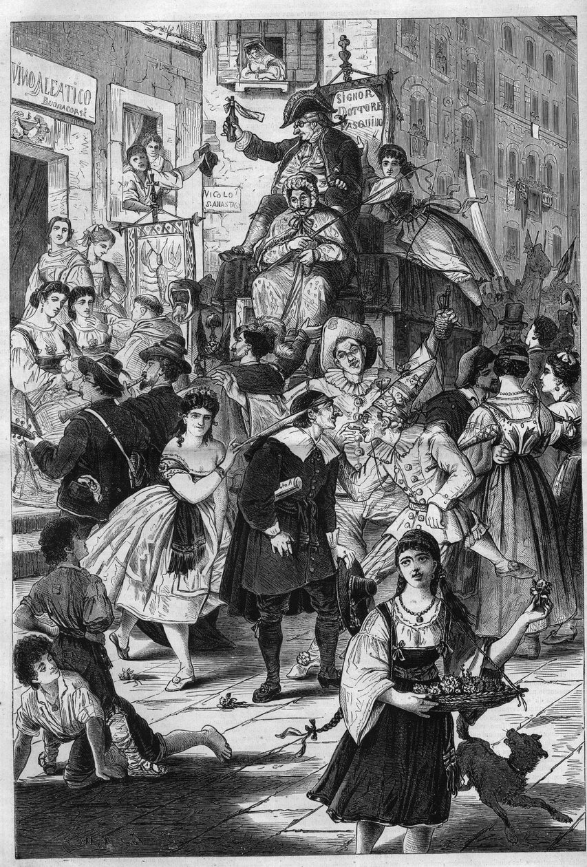 Karneval in Rom: der Spaziergang von Dr. Pasquin, römischer Brauch. Er bietet den Damen auf den Balkonen seine Elixiere an. Stich in „L