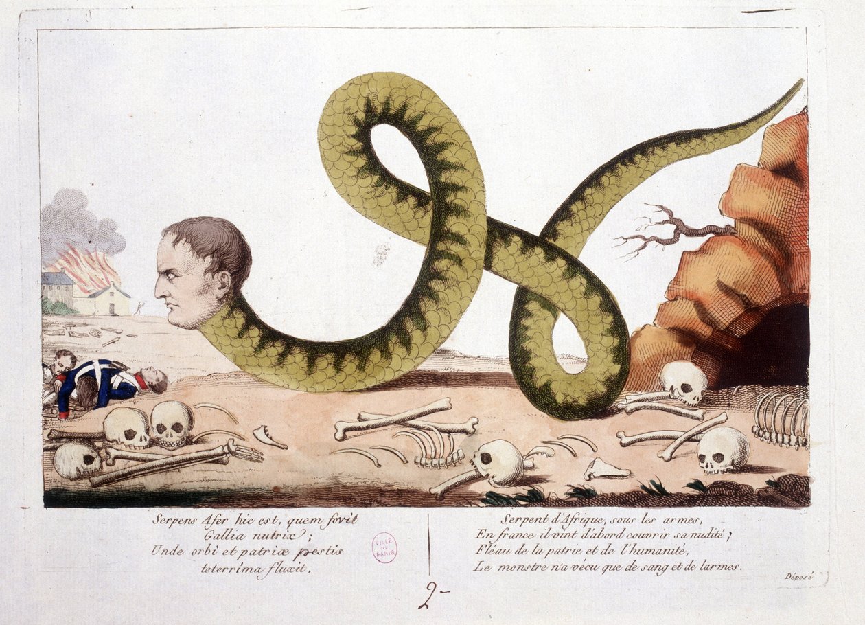 Karikatur über Napoleon I. als Schlange dargestellt. Schlange Afrikas unter Waffen, in Frankreich kam er zuerst, um seine Blöße zu bedecken; Geißel der Heimat und der Menschheit, das Monster lebte nur von Blut und Tränen. - in Napoleon I., Karikaturen, Dum von Unknown artist