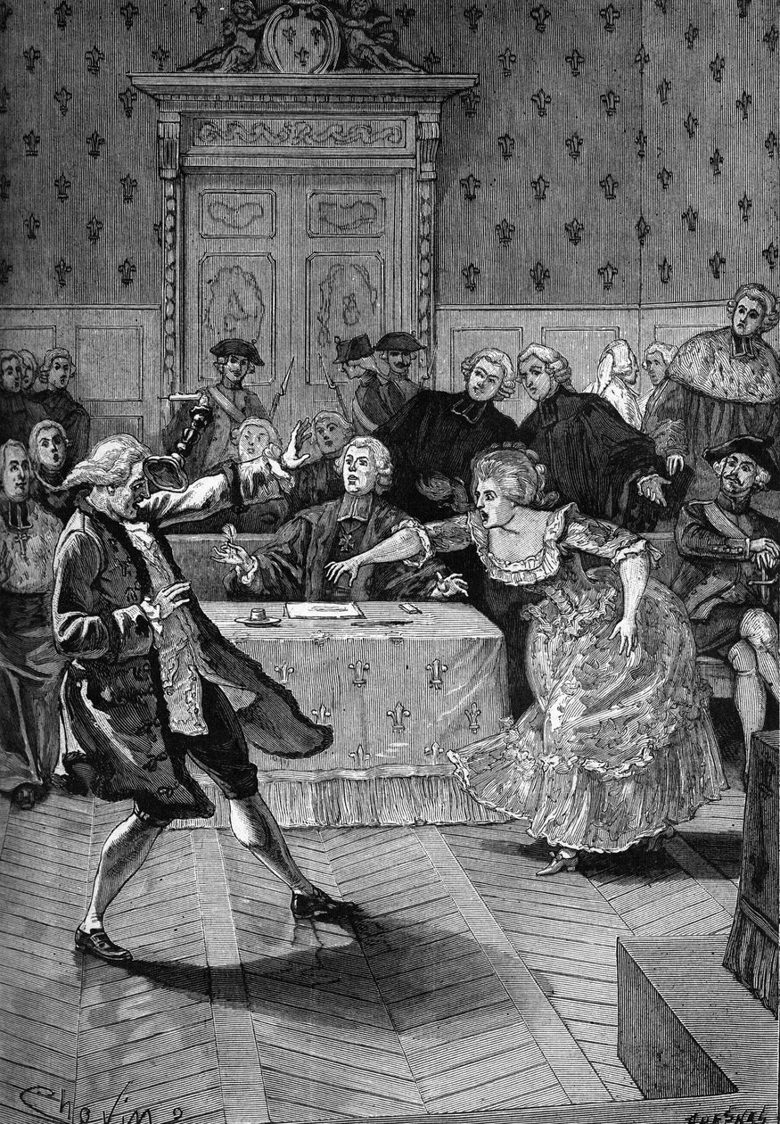 Fall des Halsbands, der Prozess (1785-1786). Vor dem Parlament von Paris wirft Jeanne de Valois-Saint-Remy einen Kerzenhalter von Unknown artist