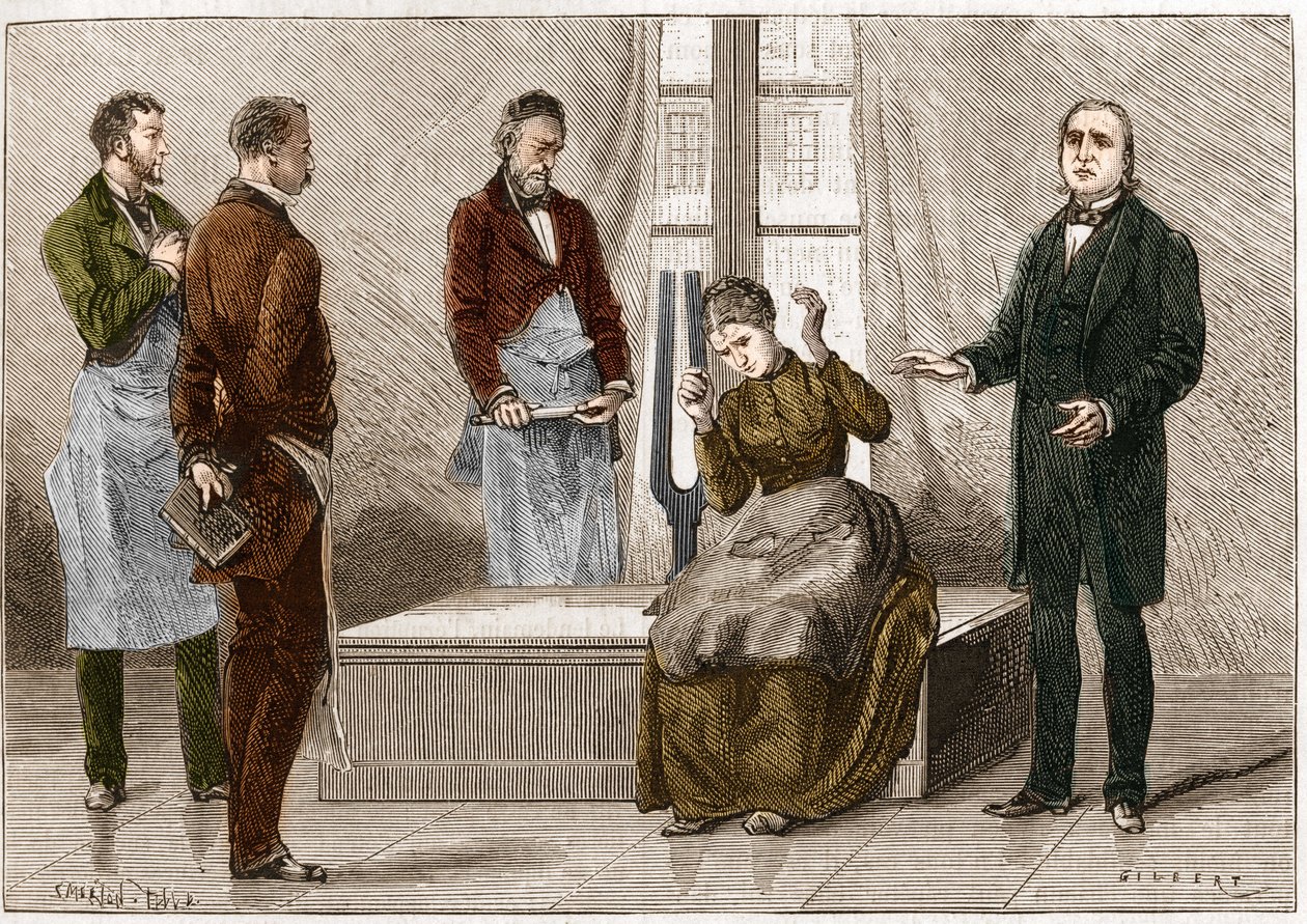 Katalepsie unter dem Einfluss von Klang (Stimmgabel). Der französische Neurologe Jean Martin Charcot (1825-1893) (rechts) demonstriert Hypnose an einem Patienten im Krankenhaus Salpêtrière. Illustration aus „Nature“ 1879 von Unknown artist