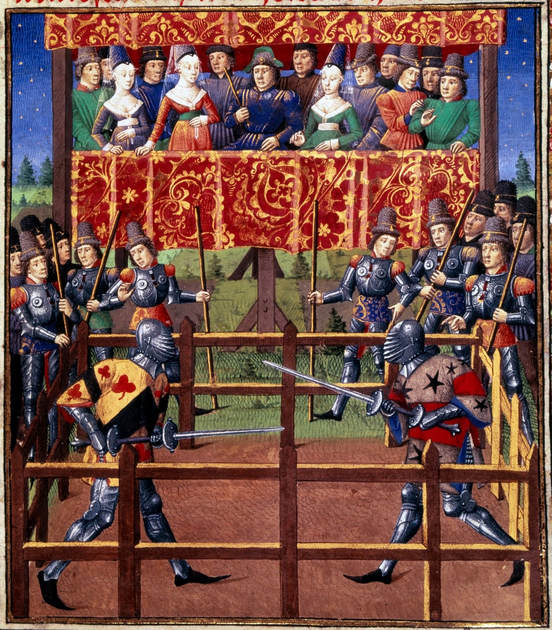 Zeremonien und Verordnungen als Kampfversprechen: Duell auf geschlossenem Feld zwischen zwei Rittern Miniatur aus einem Manuskript von Jean de Rolin (15. Jahrhundert) 1460 Paris, B.N. von Unknown artist