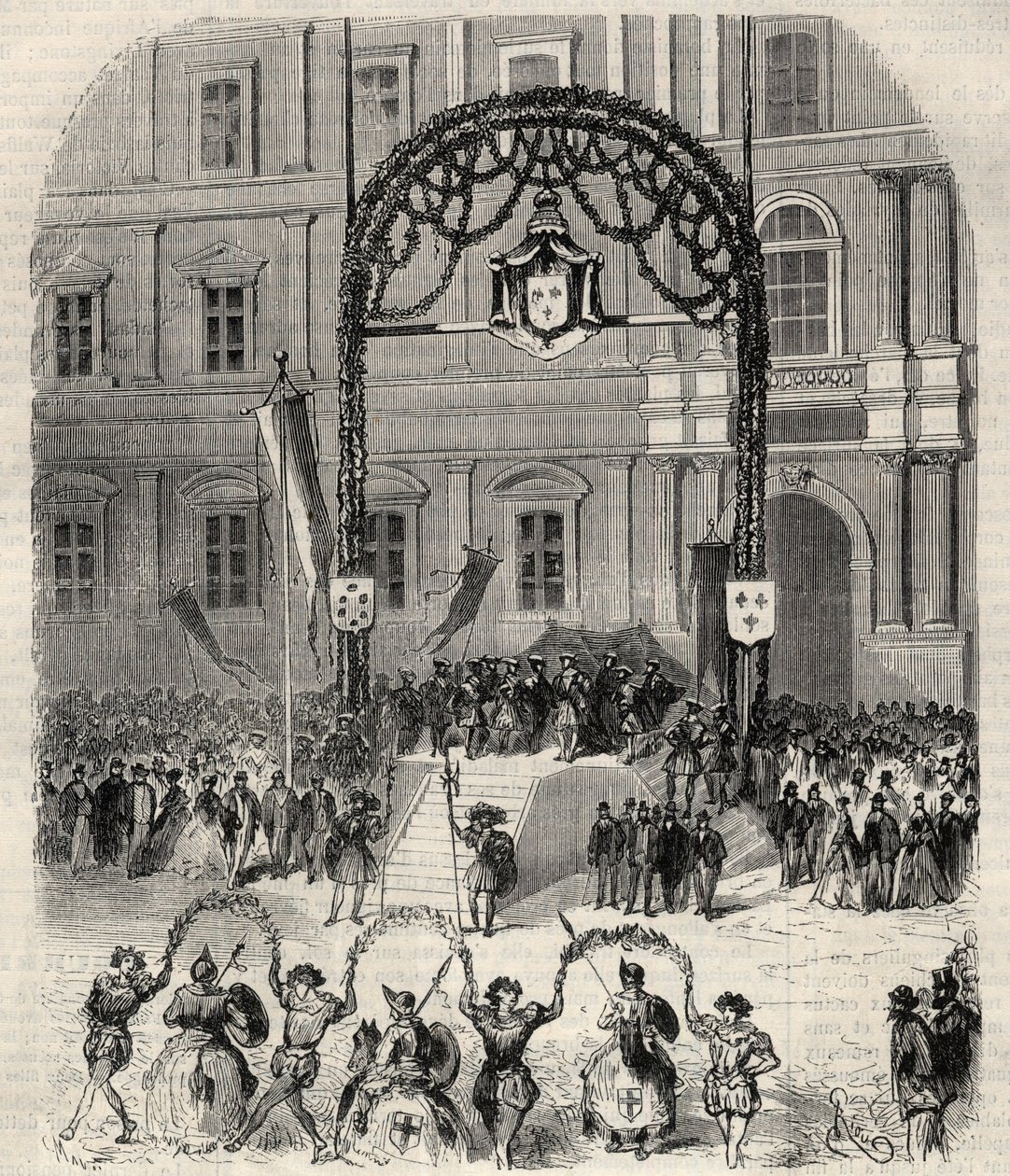 Wohltätigkeitsfeste in Marseille zur Erinnerung an die Ankunft von Franz I., wo er Papst Clemens VII. traf: Farandole-Tanz auf dem Place Saint-Ferreol vor der Tribüne von König Franz I. Gravur in „L