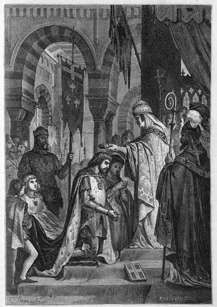 Karl I. von Anjou (Karl I. von Sizilien) (1226-1285) wurde am 28. Juni 1265 von Papst Clemens IV. (ca. 1195-1268) im Königreich Sizilien eingesetzt von Unknown artist