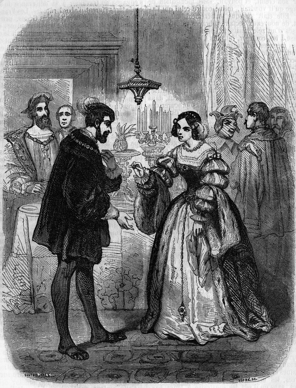 Karl V. (1500-1558) mit Anne de Pisseleu (1508-1580), Herzogin von Étampes, Mätresse von Franz I., genannt La Belle Ferronnière. Gravur des 19. Jahrhunderts. von Unknown artist