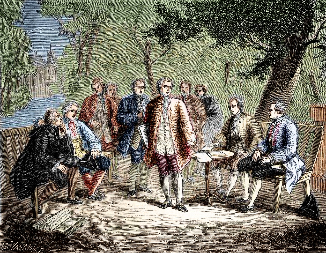 Charles de Secondat Montesquieu mit dem wissenschaftlichen Zirkel im Schloss Clairac, Frankreich - Der wissenschaftliche Zirkel des Schlosses Clairac: Montesquieu und der Baron de Secondat, sein Sohn, der Chevalier de Vivens, Romas und die Brüder Dutilh -  von Unknown artist