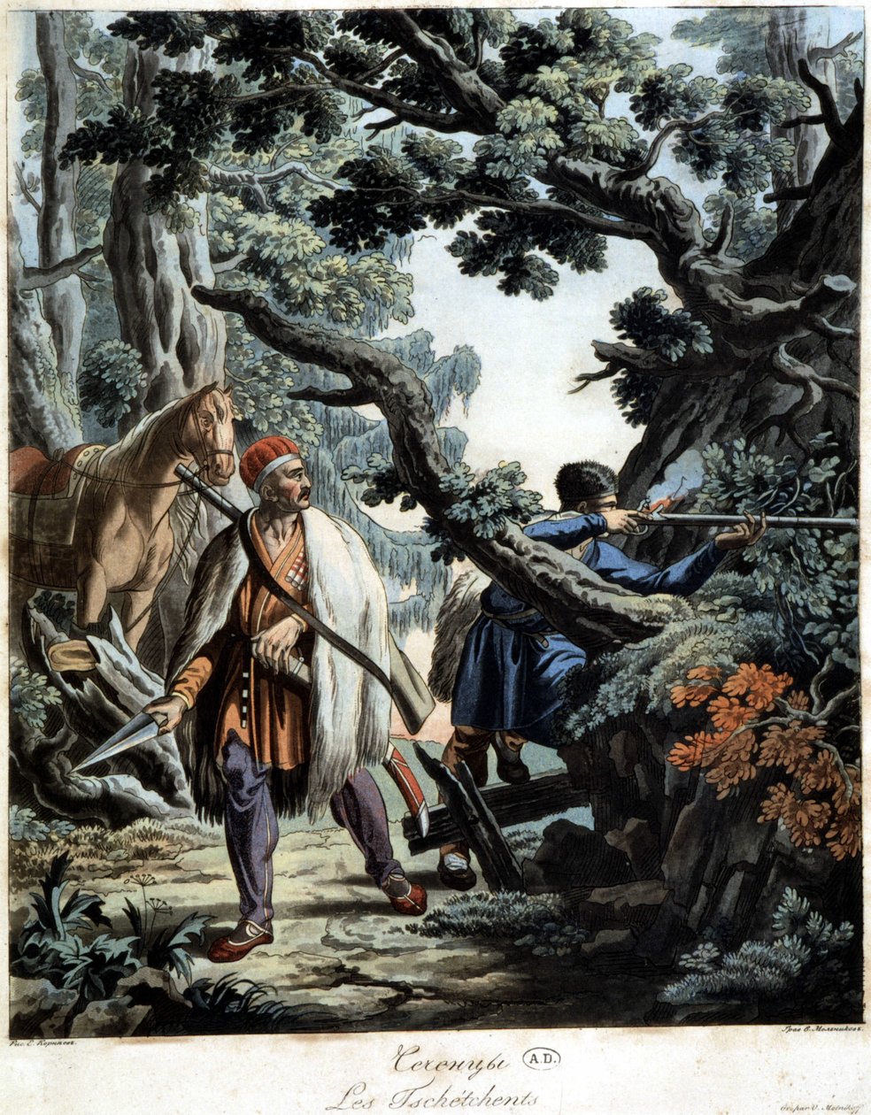 Tschetschenen im Hinterhalt in einem Kaukasuswald, Anfang 19. Jahrhundert von Unknown artist