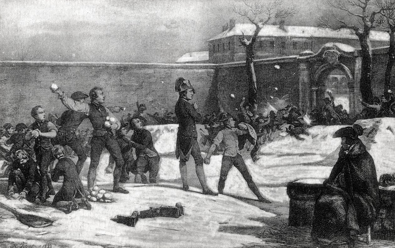 Kindheit von Napoleon I. Bonaparte (1769 - 1821) an der Militärschule von Brienne le Chateau (Aube) im Jahr 1782: Napoleon mitten in einer Schneeballschlacht zwischen Kindern. von Unknown artist