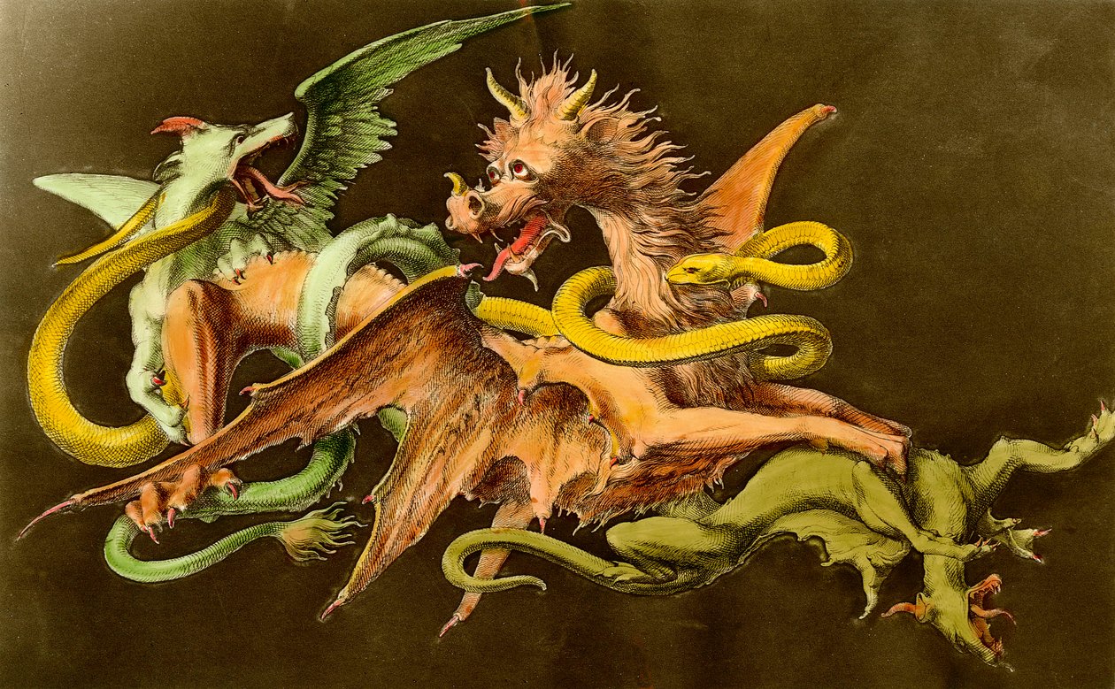 Chimären Ein Drache kämpft gegen zwei Monster. Gravur aus dem 19. Jahrhundert. von Unknown artist