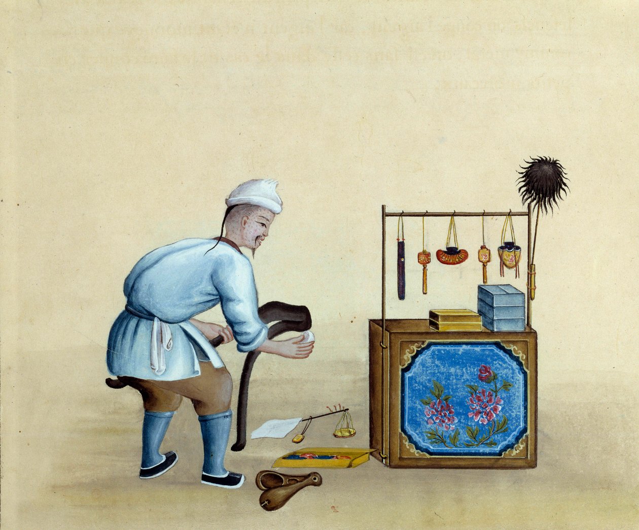 Chinesischer Händler schärft Scheren zum Schneiden von Silberbarren (Zeichnung des 17. Jahrhunderts) von Unknown artist
