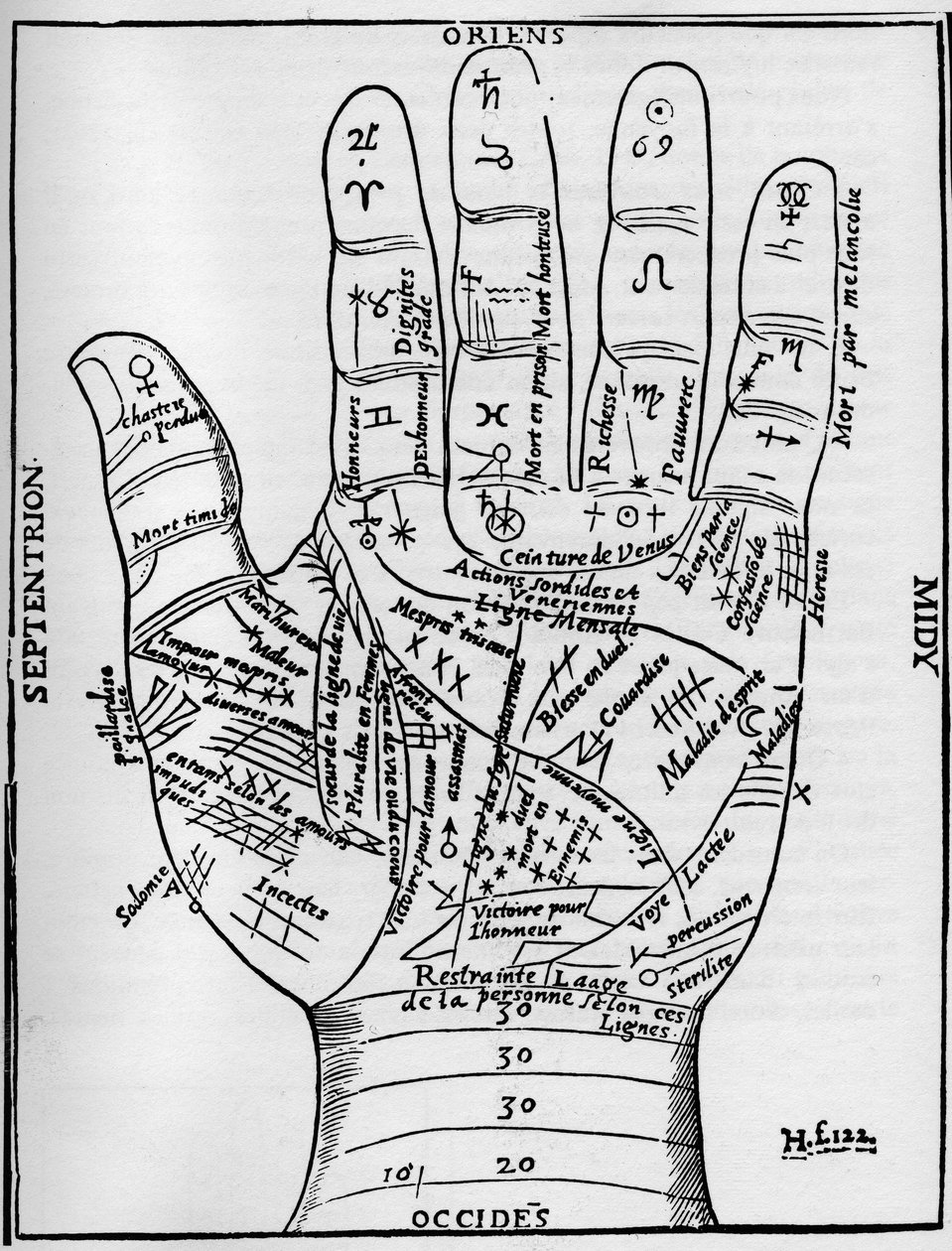Chiromantie - HANDLESEN-DIAGRAMM - Planetarisches und zodiakales Diagramm der linken Hand - Holzschnitt aus Jean Belots „Verschiedene Werke“ Lyon, Frankreich von Unknown artist