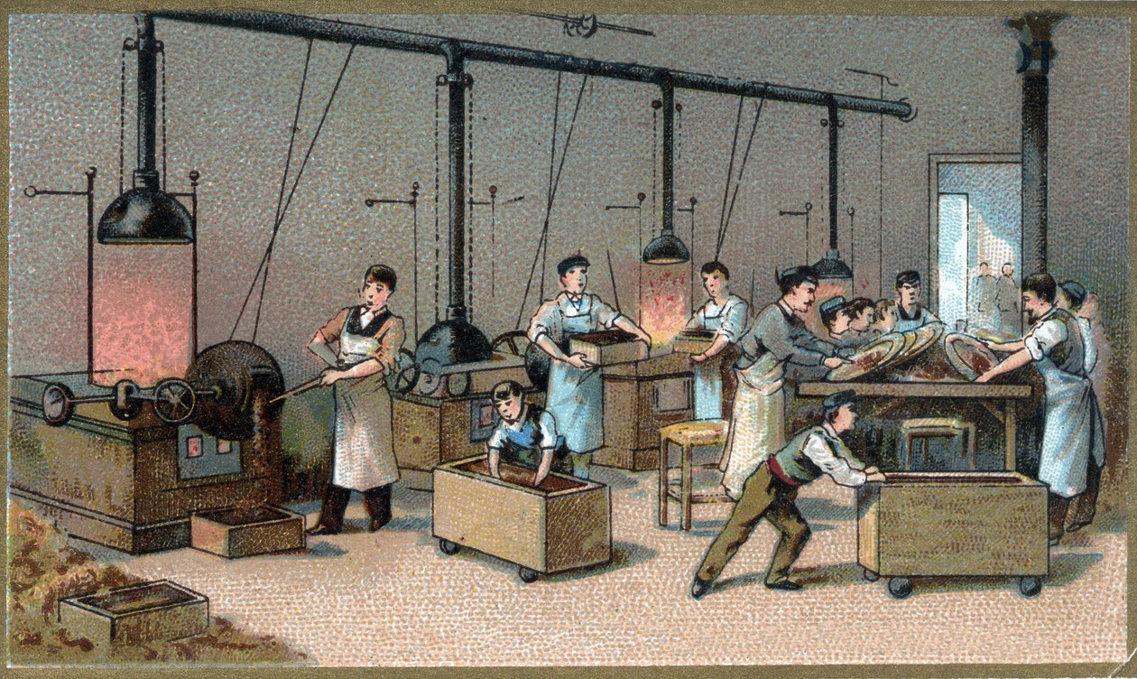 Schokoladenherstellung. Kakaorösterei. Chromolithographie aus dem späten 19. Jahrhundert. von Unknown artist
