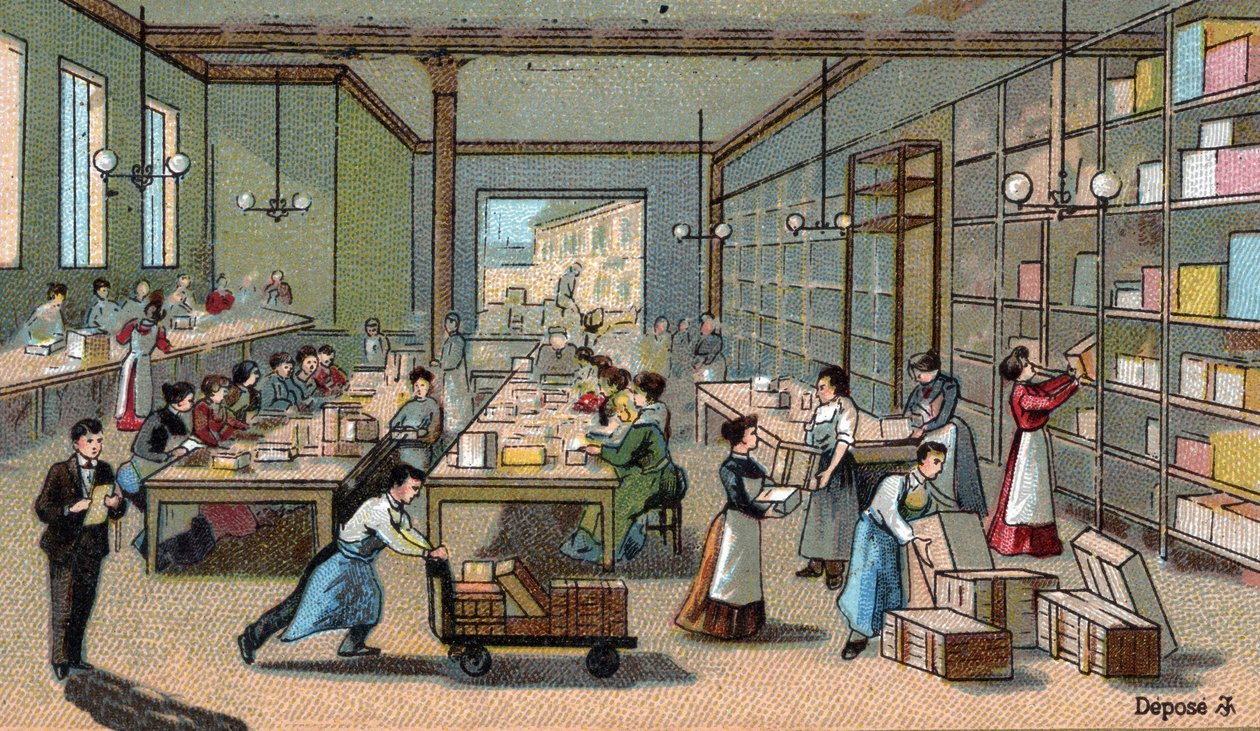 Schokoladenherstellung: Verpackung, Versand. Chromolithografie aus dem späten 19. Jahrhundert von Unknown artist