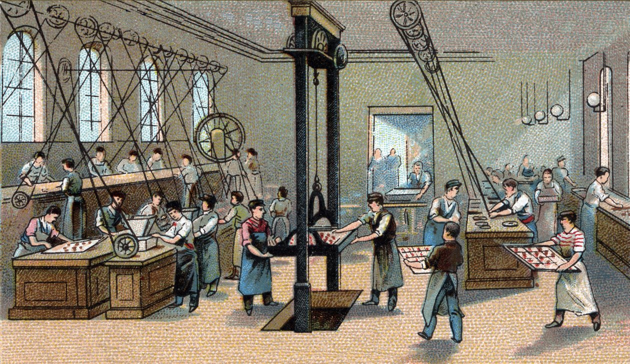Schokoladenherstellung: Formen. Chromolithographie aus dem späten 19. Jahrhundert. von Unknown artist
