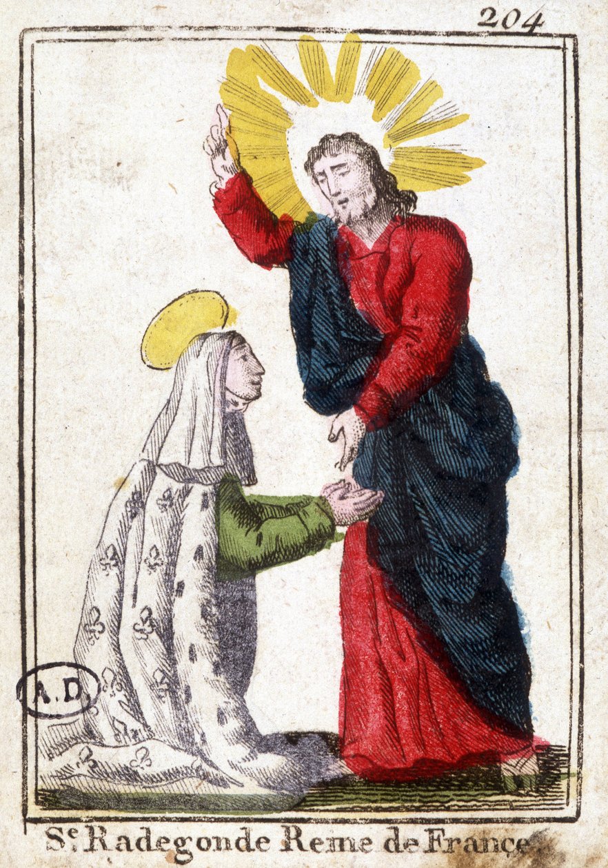 Christus und die heilige Radegunde (ca. 520 - 587), Königin von Frankreich, Ehefrau von Chlothar I. Frommes Bild. Gravur aus dem frühen 19. Jahrhundert. Bibliothèque des Arts Décoratifs de Paris. von Unknown artist