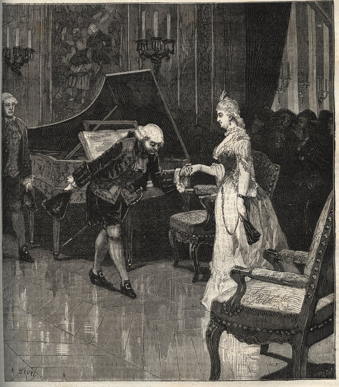 Christoph Willibald Gluck vor der Königin Marie-Antoinette in Trianon - Christoph Willibald Gluck (1714-1787), deutscher Komponist, spielt vor Königin Marie Antoinette in Trianon - Gravur in „Populäre Musik“ illustriertes Wochenblatt - 1882 von Unknown artist