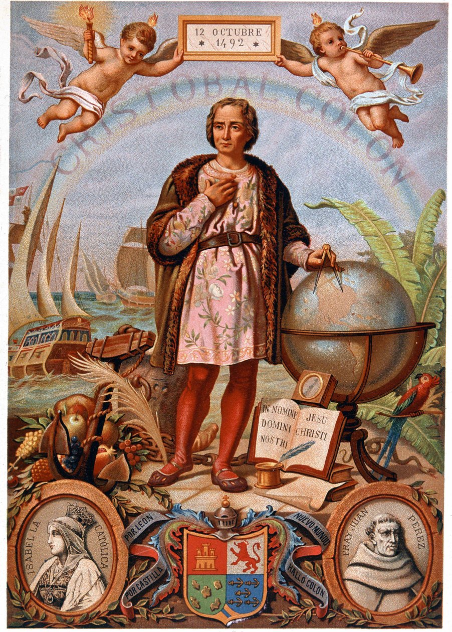 Christoph Kolumbus. Links Porträt von Isabella der Katholischen, Königin von Kastilien (1451-1504). Spanische Chromolithographie des 19. Jahrhunderts von Unknown artist