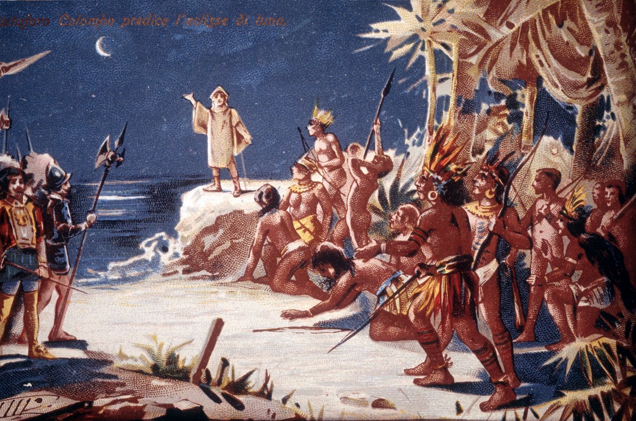 Christoph Kolumbus sagt den Indianern die Mondfinsternis voraus. Chromolithographie aus dem 19. Jahrhundert von Unknown artist