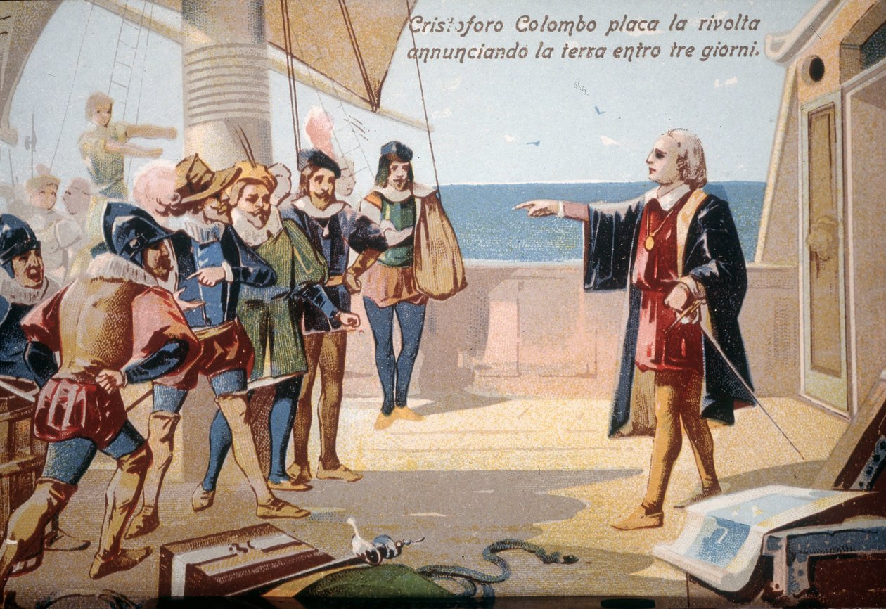 Christoph Kolumbus stoppte die Meuterei der Besatzung, indem er die Landung in drei Tagen ankündigte. Chromolithographie 19. Jahrhundert. von Unknown artist