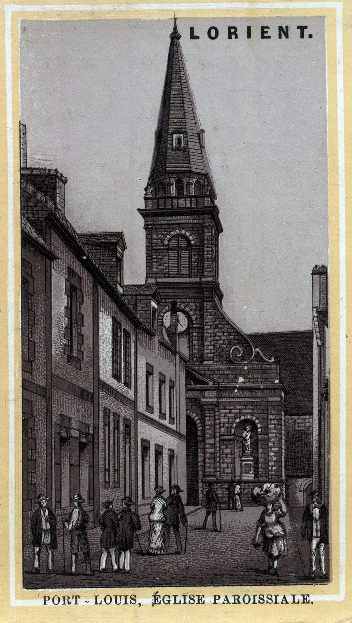 Kirchenpfarrei von Port Louis, Pays de Lorient, Morbihan, Bretagne. Chromolithographie des späten 19. Jahrhunderts von Unknown artist