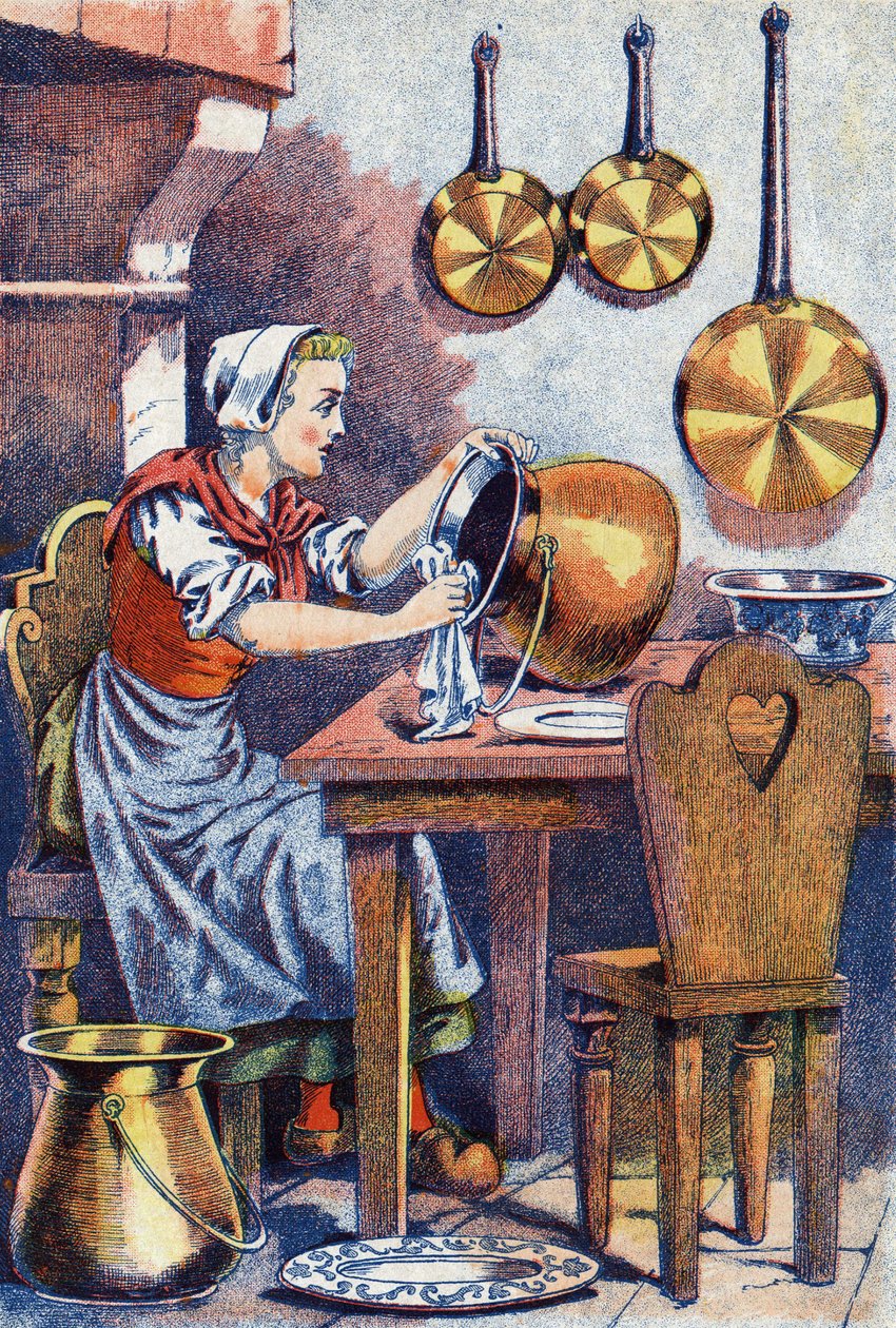 Aschenputtel in seiner Küche, Illustration für „Aschenputtel“, Märchen von Charles Perrault (1628-1703), französischer Schriftsteller. Anonyme Illustration. von Unknown artist