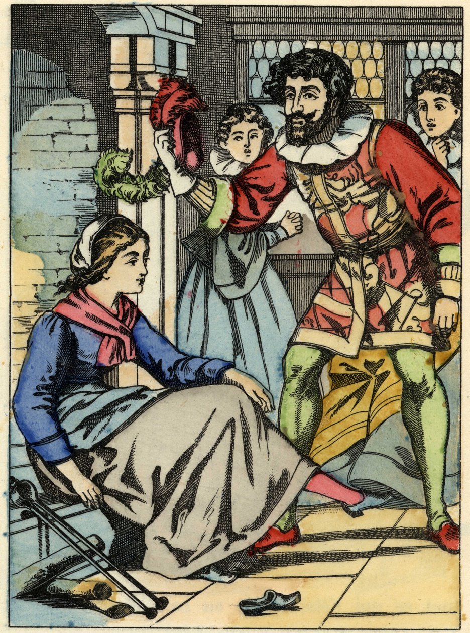 Aschenputtel probiert den vom Prinzen gefundenen Glasschuh an. Illustration zu Charles Perraults Märchen „Aschenputtel oder Der kleine Glasschuh“ von Unknown artist