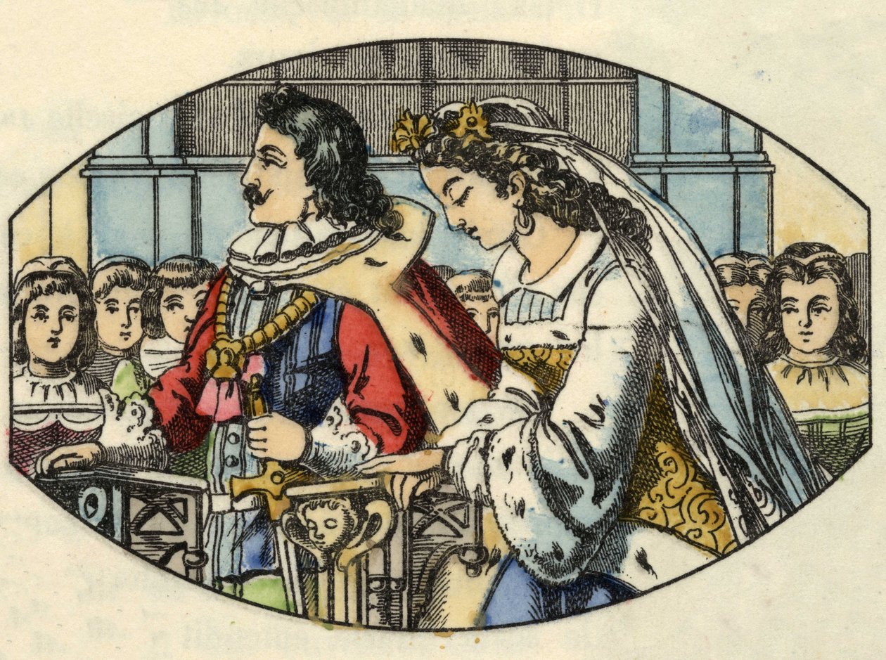 Cinderellas Hochzeit mit dem Prinzen. Illustration des Märchens „Cinderella oder Der kleine Glasschuh“ von Charles Perrault. von Unknown artist
