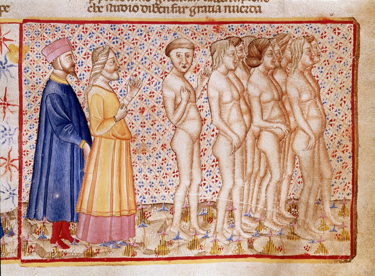 Kreis der Gewalttätigen gegen Gott, Natur und Kunst: Dante und Virgil treffen auf Gotteslästerer. Illustrierte Seite aus einem Gesang der Hölle aus der „Göttlichen Komödie“ von Dante Alighieri von Unknown artist