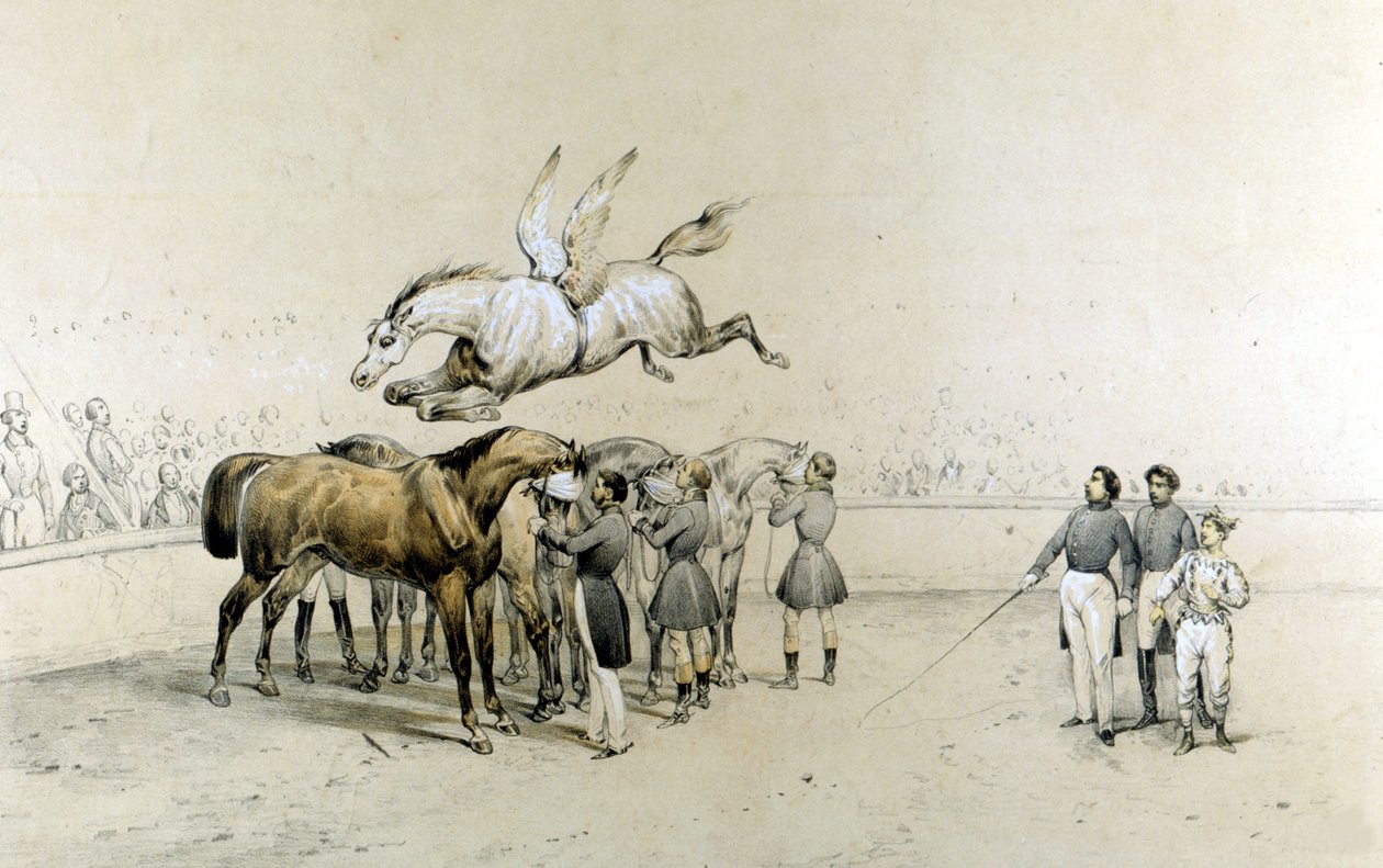 Zirkusvorstellung: Ein geflügeltes Pferd springt über drei verblindete Pferde. von Unknown artist