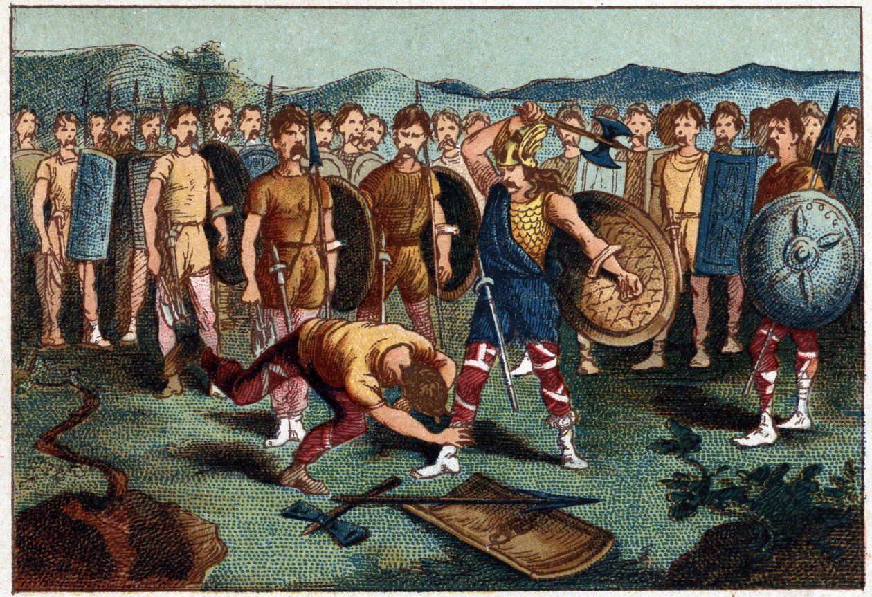 Clovis (465-511) und der fränkische Krieger, der 486 die Vase von Soissons zerbrach - Clovis I. erschießt den Soldaten, der die Vase von Soissons zerbrochen hatte, 486. Chromolithographie aus dem 19. Jahrhundert von Unknown artist
