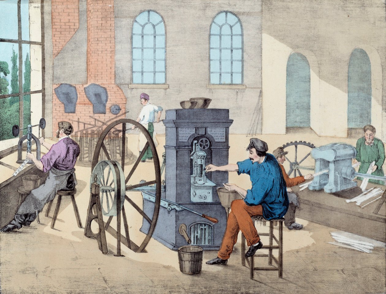 Münzherstellung: Arbeiter arbeiten in einer Fabrik in verschiedenen Stadien, Gießen und Prägen von Münzen. Gravur des 19. Jahrhunderts Paris, dekorative Künste von Unknown artist