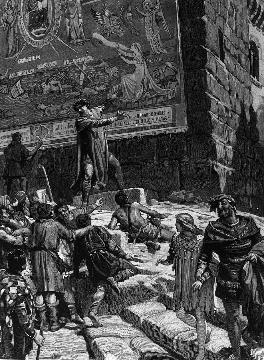 Cola di Rienzo (1314-1354), in der Kampagne, um Tribun des römischen Volkes zu werden, erklärt dem Volk von Rom die Fresken, die er im Kapitol installiert hatte, die das Leiden Roms in einem entfesselten Meer umgeben von Troja, Jerusalem, Karthago und Ba von Unknown artist