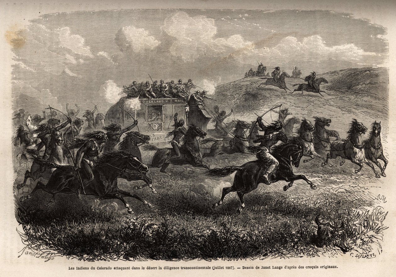 Colorado-Indianer greifen 1867 eine transkontinentale Postkutsche in der Wüste an. Gravur zur Illustration der Reise in den amerikanischen Wilden Westen, von M. L. Simonin, 1867, veröffentlicht in „Le tour du monde, nouveau journal des voyages“, herausgege von Unknown artist