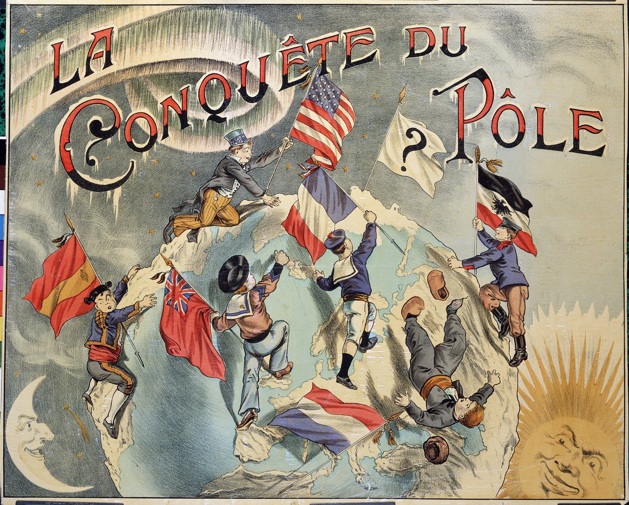 Eroberung des Pols: Darstellung der Rivalität zwischen verschiedenen Ländern um die Eroberung des Nordpols. Vertreter sind Spanien, die Vereinigten Staaten, England, Holland, Frankreich und Deutschland. Spätes 19. Jahrhundert von Unknown artist