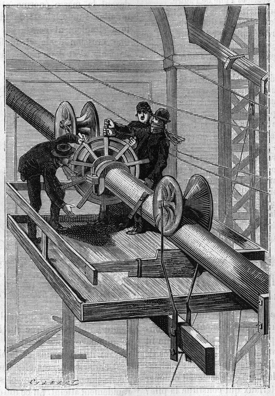 Bau der Brooklyn Bridge in New York: Maschine zur Umwicklung der 19 Sekundärkabel mit Helix-Stahldraht zu einem einzigen Kabel. Gravur von 1883. von Unknown artist