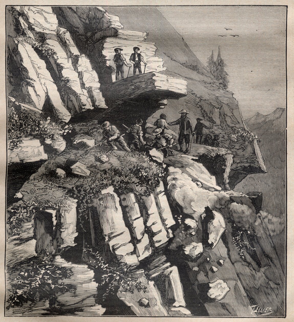 Bau einer Bergstraße in den Alpen - Gravur in „La Science française“ von Unknown artist