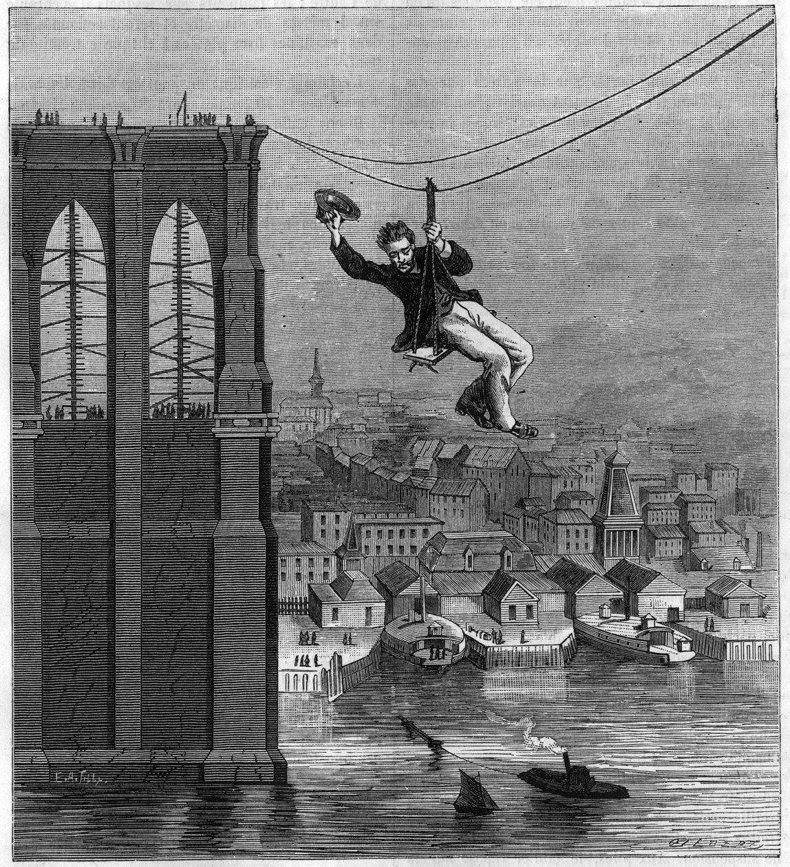 Bau der Brooklyn Bridge in New York: Herr Farrington, Chefmechaniker des Baus, bewegt sich von einem Pfahl zum anderen mit dem ersten gespannten Draht (25. August) von Unknown artist