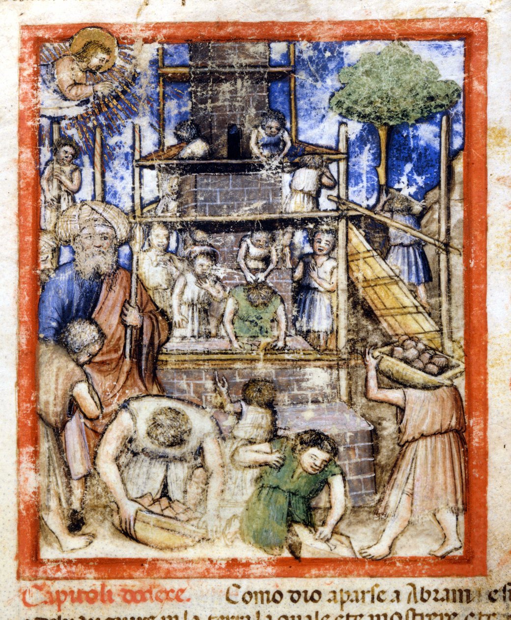 Bau des Turms von Babel. Miniatur aus Codex 212 (oder Padovaner Kodex oder Bibel von Padua) 1390-1400 Rovigo, Accademia dei Concordi von Unknown artist
