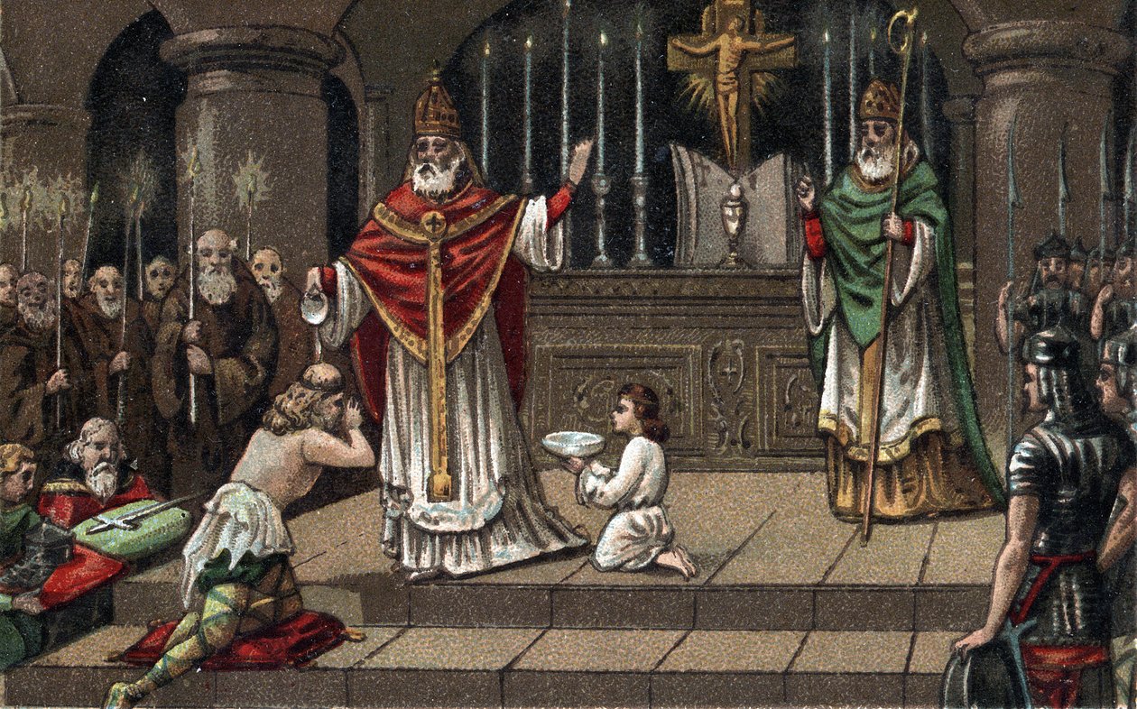 Bekehrung von Widukind vor Karl dem Großen im Jahr 785. Chromolithographie aus dem späten 19. Jahrhundert von Unknown artist