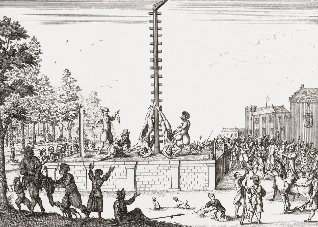 Leichen von Johan und Cornelis de Witt hängen am Galgen. von Unknown artist