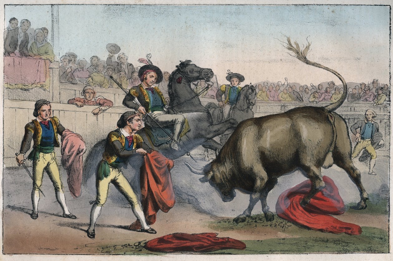 Corrida in Spanien: der Picador - Stier, der einen Picador angreift - Gravur aus „Usi e Costumi di Tutti i Popoli dell